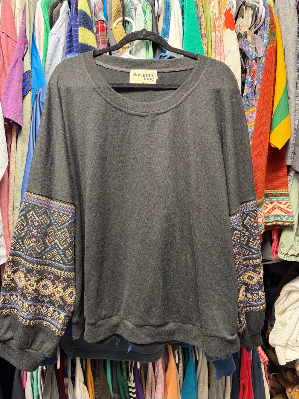 Savanna Jane Black Sweatshirt with Embroidered Patterned Balloon Sleeves